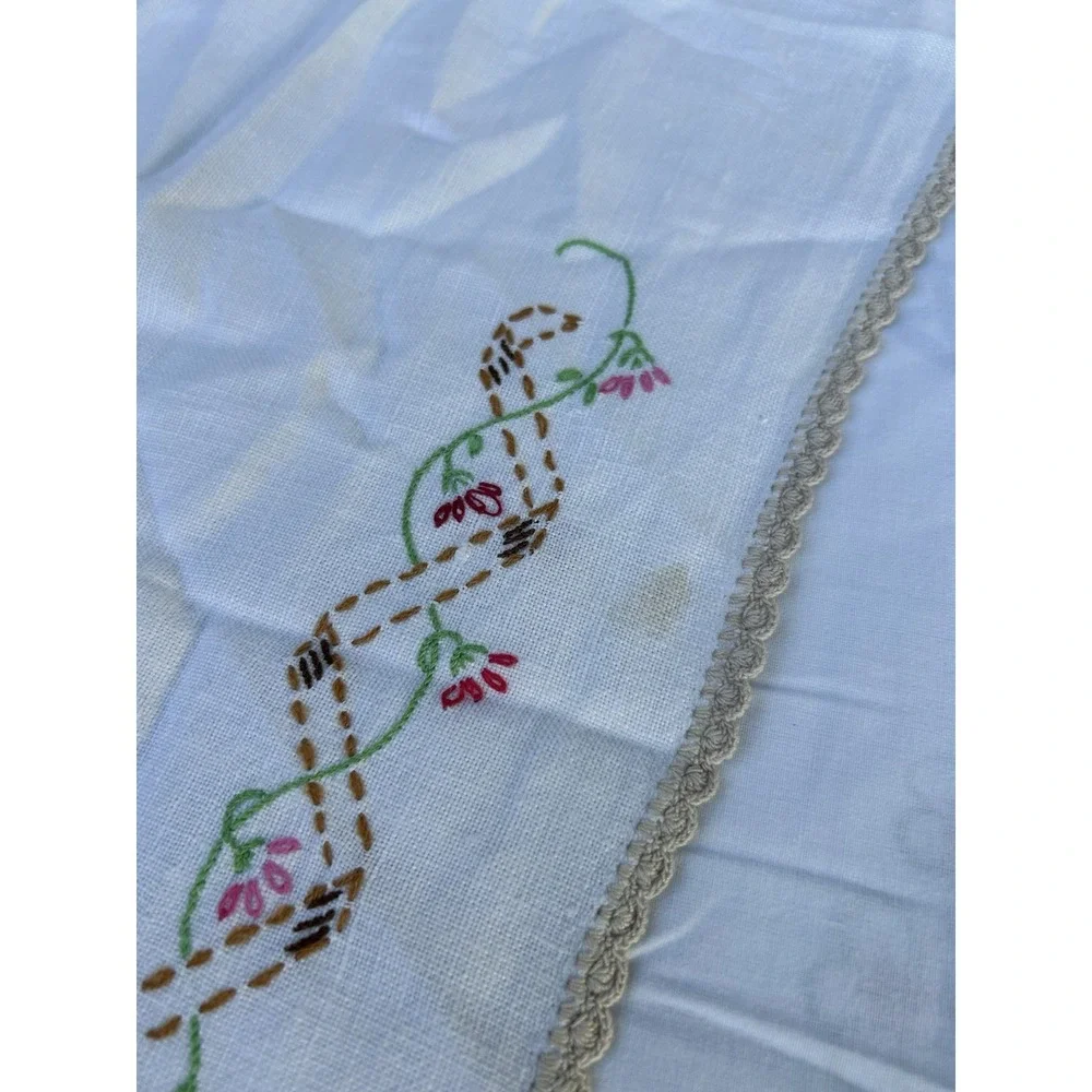 VTG Floral Hand Embroidered Table Runner Flower Basket Floral Pink 12.5